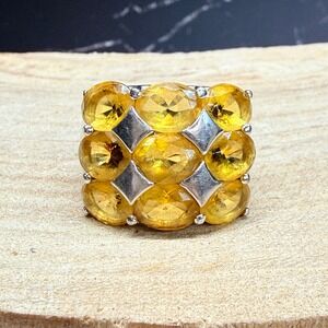 Vintage Sterling Silver 925 Yellow Glass Cluster Statement Ring‎ Size 8.25